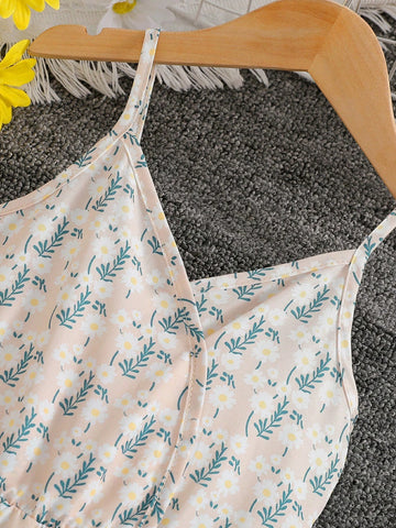 Young Girl Holiday Style V-Neck Sleeveless Cinched Waist Straight-Leg Jumpsuit With Ruffle Trimmed Hem, Summer