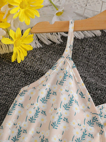 Young Girl Holiday Style V-Neck Sleeveless Cinched Waist Straight-Leg Jumpsuit With Ruffle Trimmed Hem, Summer