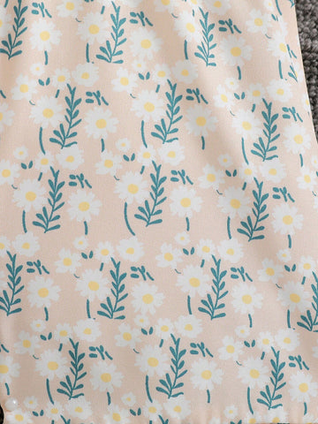 Young Girl Holiday Style V-Neck Sleeveless Cinched Waist Straight-Leg Jumpsuit With Ruffle Trimmed Hem, Summer