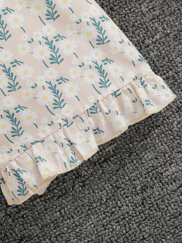 Young Girl Holiday Style V-Neck Sleeveless Cinched Waist Straight-Leg Jumpsuit With Ruffle Trimmed Hem, Summer