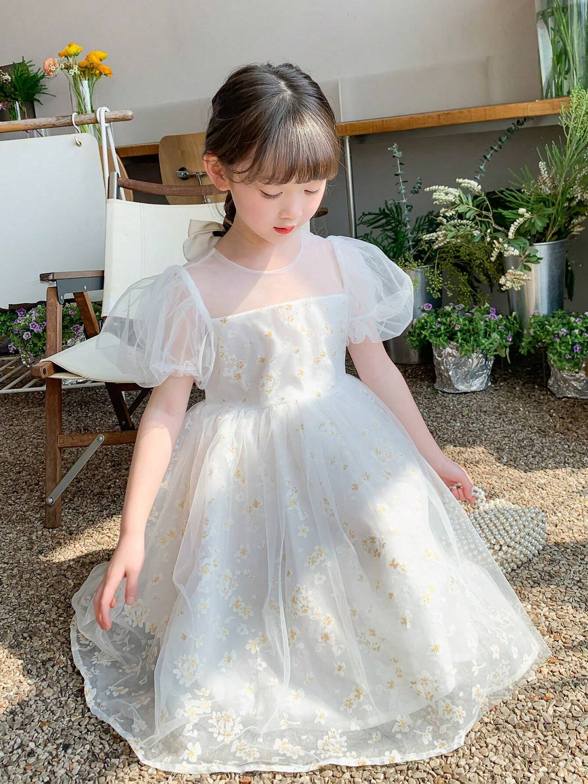 Young Girl Hot Stamping Print High-Grade Princess Dress Childrens Dress Summer Dress 2024 New Style Girl Sweet Style Western Style Mesh Skirt