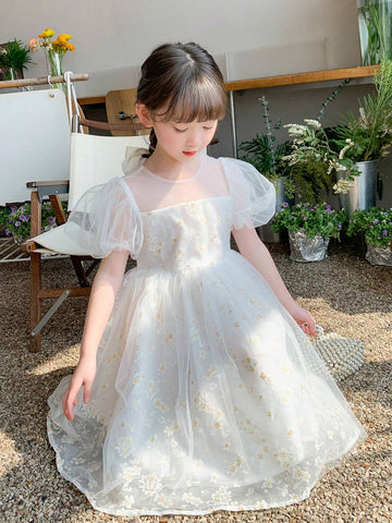 Young Girl Hot Stamping Print High-Grade Princess Dress Childrens Dress Summer Dress 2024 New Style Girl Sweet Style Western Style Mesh Skirt