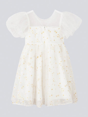 Young Girl Hot Stamping Print High-Grade Princess Dress Childrens Dress Summer Dress 2024 New Style Girl Sweet Style Western Style Mesh Skirt