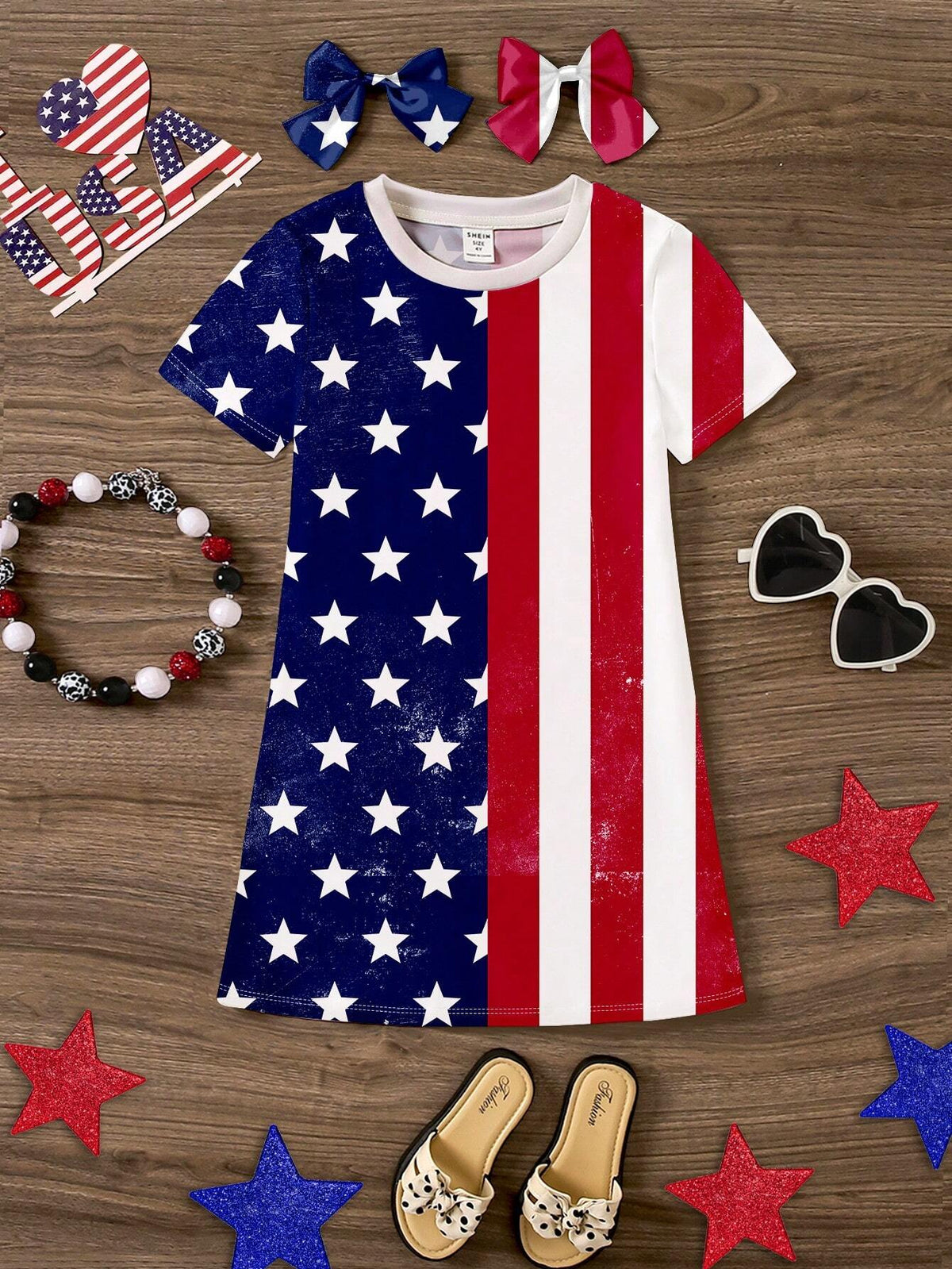 Young Girl Independence Day Casual Simple Pattern Short Sleeve Midi Dress Suitable For Summer