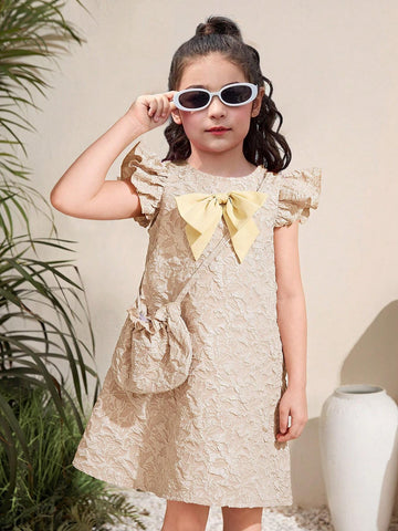 Young Girl Jacquard Bow Decorated Cap Sleeve Dress & Bag