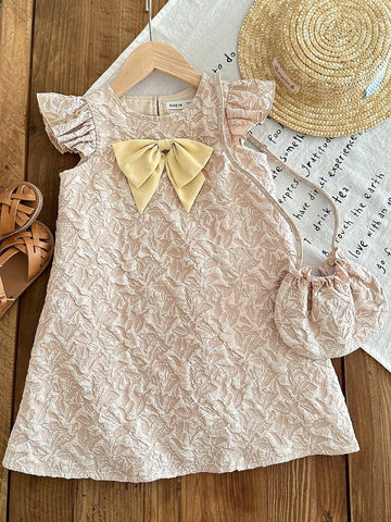 Young Girl Jacquard Bow Decorated Cap Sleeve Dress & Bag