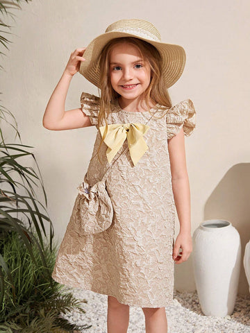 Young Girl Jacquard Bow Decorated Cap Sleeve Dress & Bag
