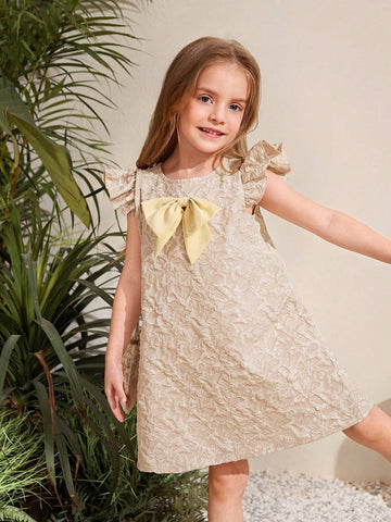 Young Girl Jacquard Bow Decorated Cap Sleeve Dress & Bag