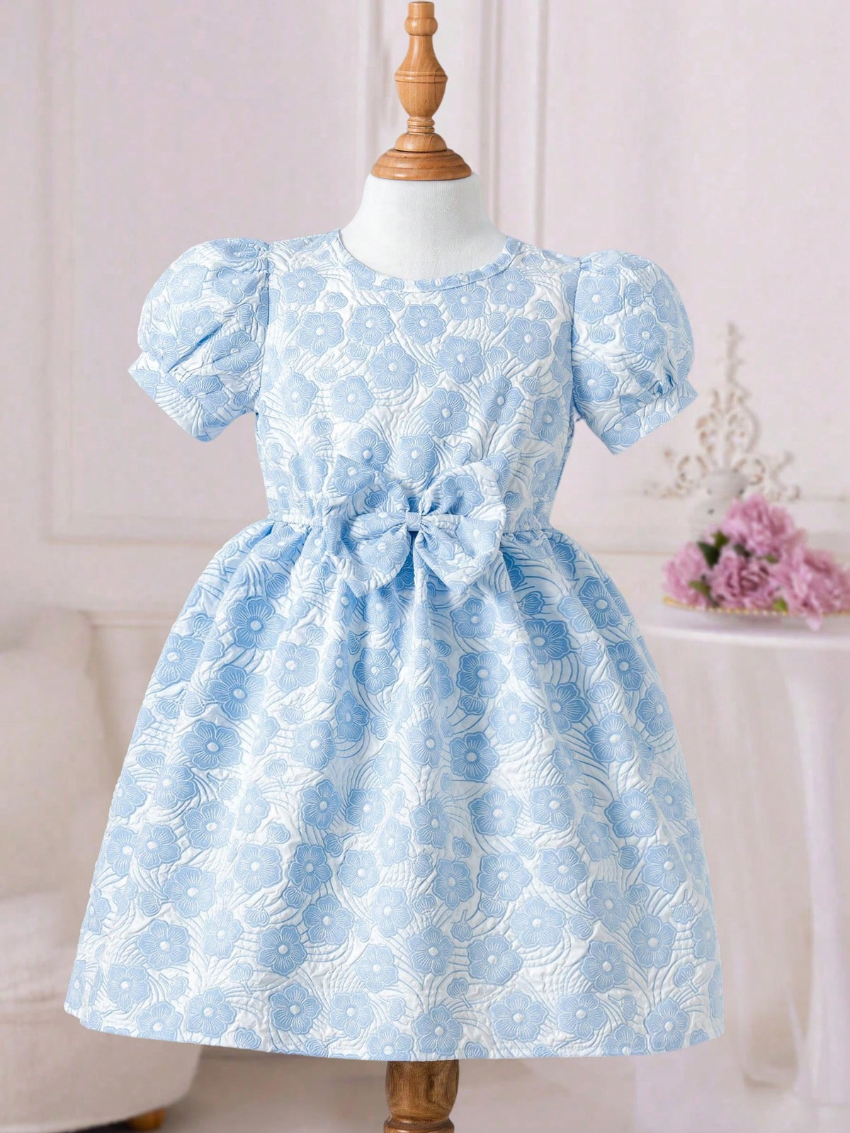 Young Girl' Jacquard Bow Puff Sleeve Dress, Fresh Countryside Style, Short Sleeve Design, Soft & Skin-Friendly Fabric, Suitable For Daily