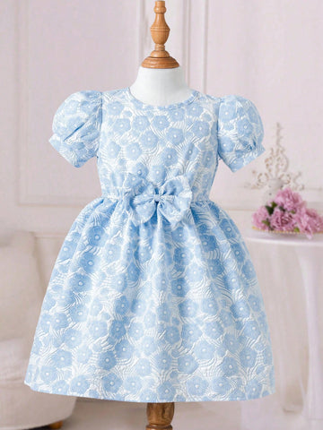 Young Girl' Jacquard Bow Puff Sleeve Dress, Fresh Countryside Style, Short Sleeve Design, Soft & Skin-Friendly Fabric, Suitable For Daily