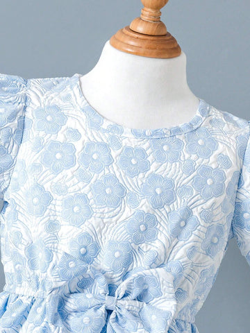 Young Girl' Jacquard Bow Puff Sleeve Dress, Fresh Countryside Style, Short Sleeve Design, Soft & Skin-Friendly Fabric, Suitable For Daily