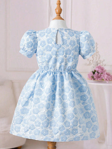 Young Girl' Jacquard Bow Puff Sleeve Dress, Fresh Countryside Style, Short Sleeve Design, Soft & Skin-Friendly Fabric, Suitable For Daily
