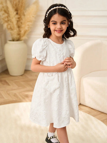 Young Girl Jacquard Round Neck Short Puff Sleeve Cute Dress