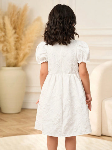 Young Girl Jacquard Round Neck Short Puff Sleeve Cute Dress