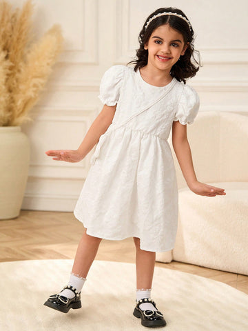 Young Girl Jacquard Round Neck Short Puff Sleeve Cute Dress