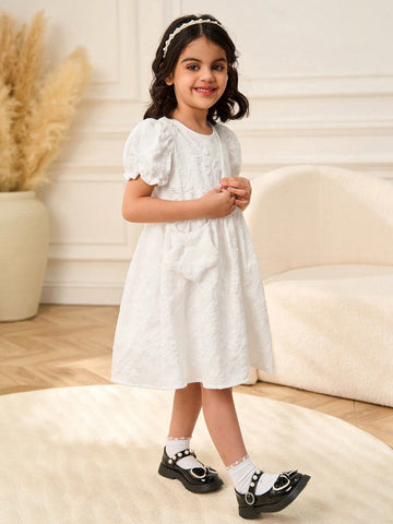 Young Girl Jacquard Round Neck Short Puff Sleeve Cute Dress
