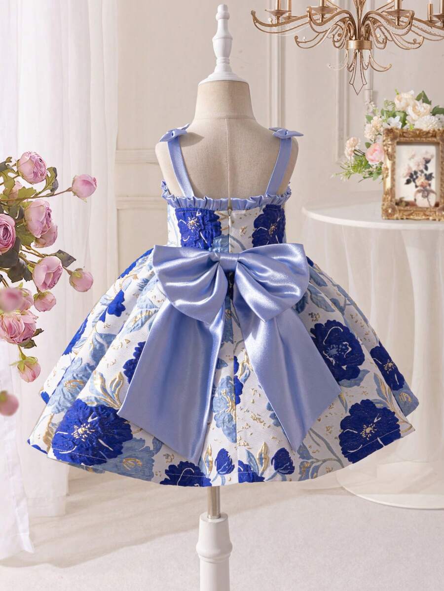 Young Girl Jacquard Woven Bowknot Decor Camisole Dress