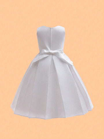 Young Girl Jewel Neck Mesh Splice Sleeveless Flower Girl Wedding Piano Performance High-End Formal Dress Princess Gown