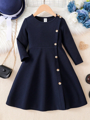 Young Girl Joint Elegant Casual Round Neck Short Sleeve Midi Dress With Split Design, Asymmetric Button Design, Great For Casual & Daily Wear & School Daily