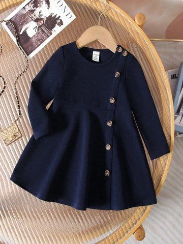 Young Girl Joint Elegant Casual Round Neck Short Sleeve Midi Dress With Split Design, Asymmetric Button Design, Great For Casual & Daily Wear & School Daily