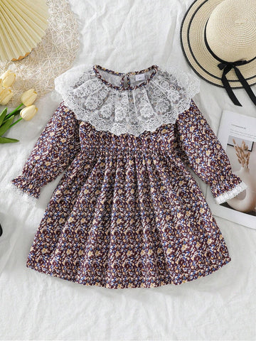 Young Girl Khaki Ditsy Floral Lace Trim Collar & Cuff Long Sleeve Cute Outdoor Dress