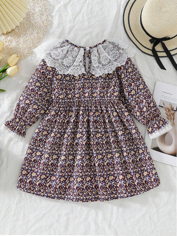 Young Girl Khaki Ditsy Floral Lace Trim Collar & Cuff Long Sleeve Cute Outdoor Dress