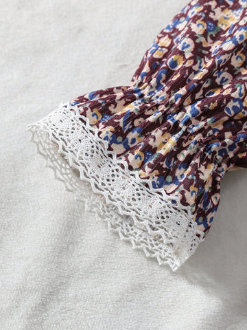 Young Girl Khaki Ditsy Floral Lace Trim Collar & Cuff Long Sleeve Cute Outdoor Dress