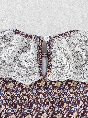 Young Girl Khaki Ditsy Floral Lace Trim Collar & Cuff Long Sleeve Cute Outdoor Dress