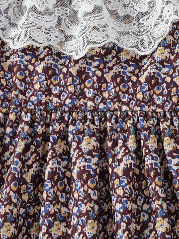 Young Girl Khaki Ditsy Floral Lace Trim Collar & Cuff Long Sleeve Cute Outdoor Dress