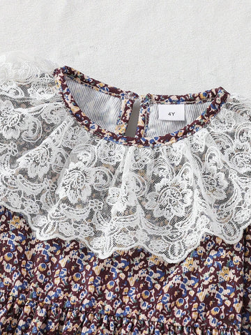 Young Girl Khaki Ditsy Floral Lace Trim Collar & Cuff Long Sleeve Cute Outdoor Dress