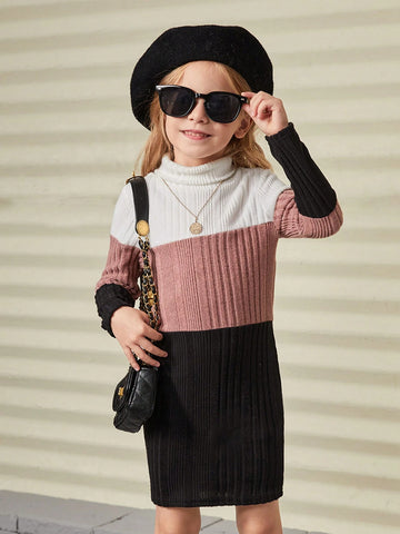 Young Girl Knit Color-Block Stand Collar Bodycon Casual Dress