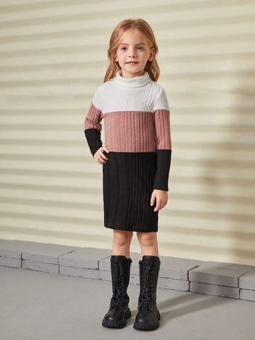 Young Girl Knit Color-Block Stand Collar Bodycon Casual Dress
