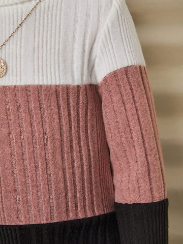Young Girl Knit Color-Block Stand Collar Bodycon Casual Dress