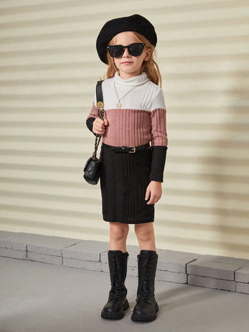 Young Girl Knit Color-Block Stand Collar Bodycon Casual Dress