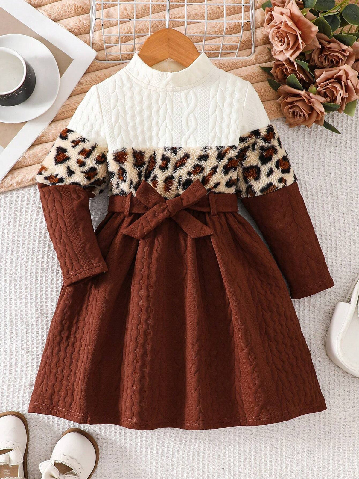 Young Girl Knit Colorblocking Leopard Print Stand Collar Loose Casual Dress