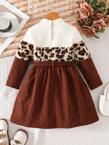 Young Girl Knit Colorblocking Leopard Print Stand Collar Loose Casual Dress