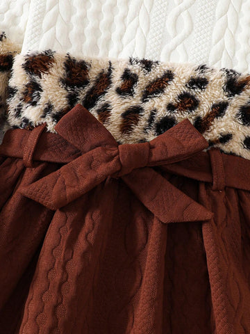 Young Girl Knit Colorblocking Leopard Print Stand Collar Loose Casual Dress