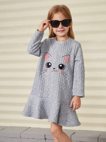 Young Girl Knit Cute Cat Embroidered Loose Casual Dress