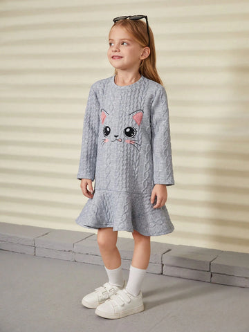 Young Girl Knit Cute Cat Embroidered Loose Casual Dress