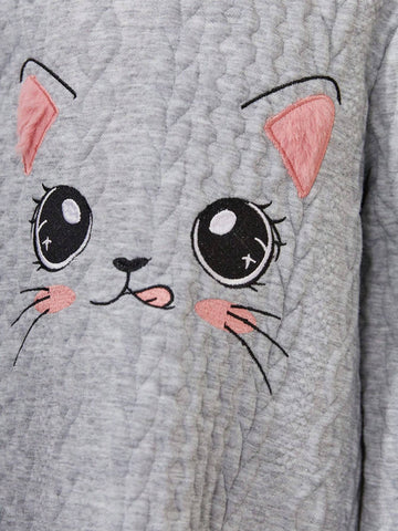 Young Girl Knit Cute Cat Embroidered Loose Casual Dress