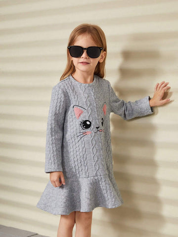 Young Girl Knit Cute Cat Embroidered Loose Casual Dress