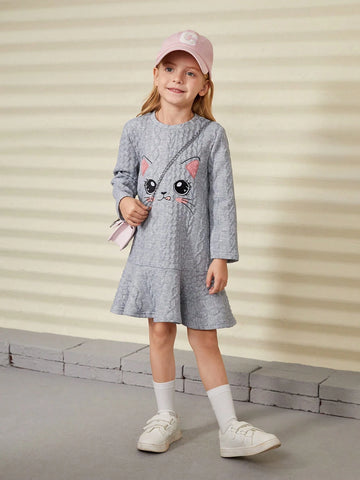 Young Girl Knit Cute Cat Embroidered Loose Casual Dress