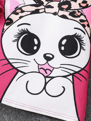 Young Girl Knit Cute Cat Print Round Neck Ruffle Trim Casual Dress,