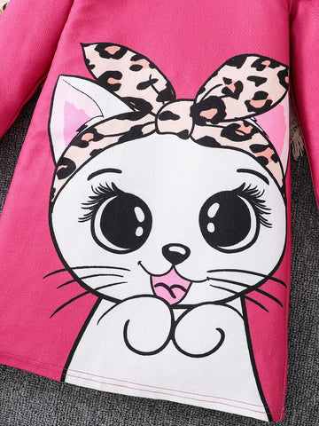 Young Girl Knit Cute Cat Print Round Neck Ruffle Trim Casual Dress,