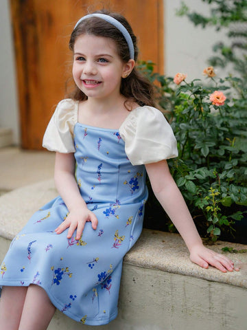 Young Girl Knit Ditsy Floral Square Collar Puff Sleeve Casual Dress