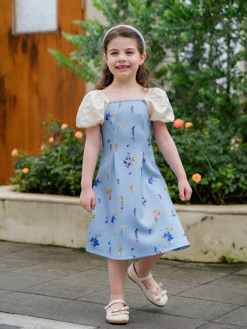 Young Girl Knit Ditsy Floral Square Collar Puff Sleeve Casual Dress