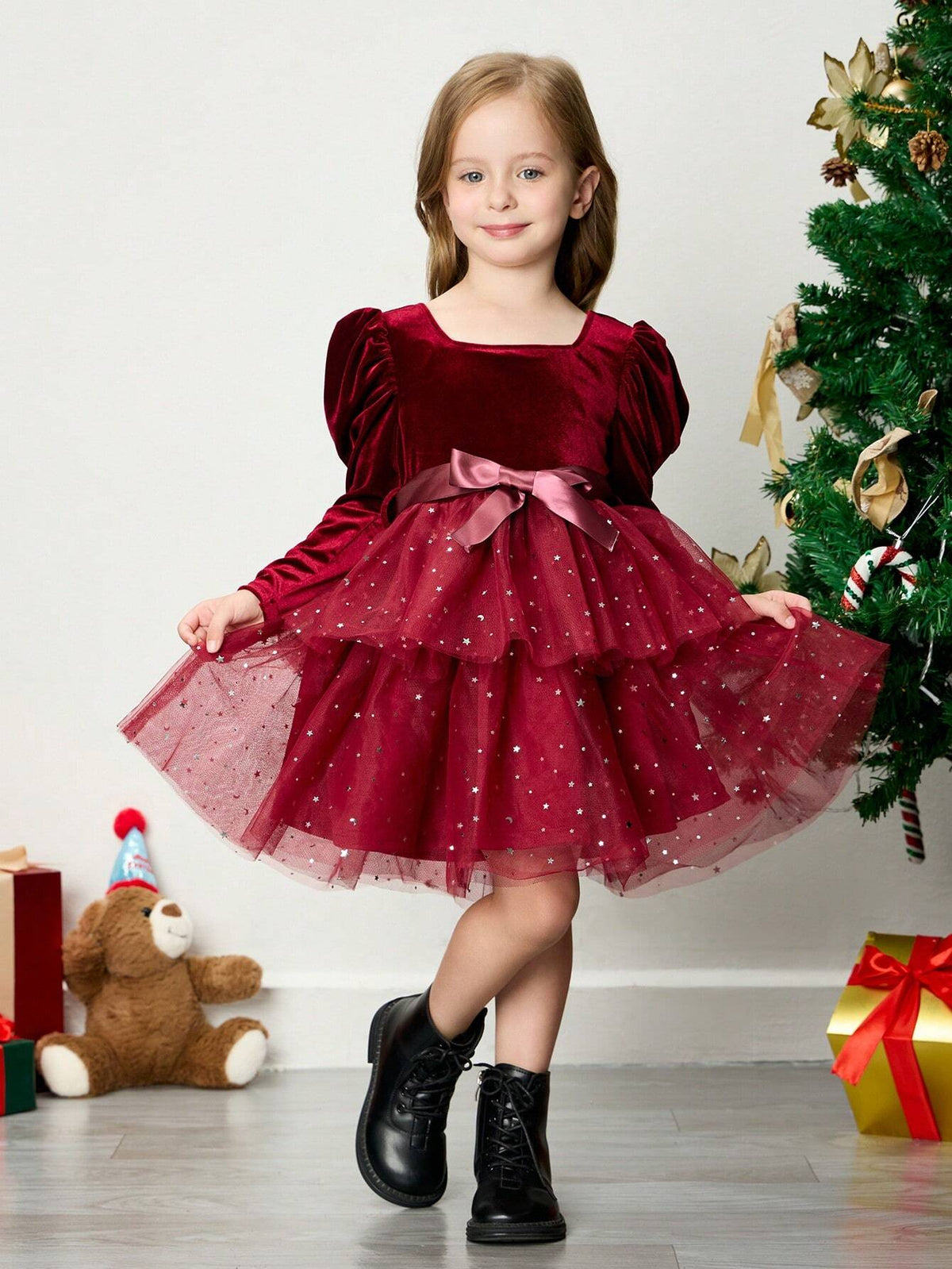 Young Girl Knit Furry Contrast Panel Crew Neck Casual Dress