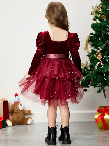 Young Girl Knit Furry Contrast Panel Crew Neck Casual Dress