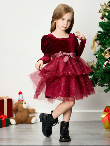 Young Girl Knit Furry Contrast Panel Crew Neck Casual Dress