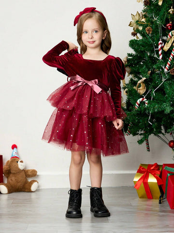 Young Girl Knit Furry Contrast Panel Crew Neck Casual Dress